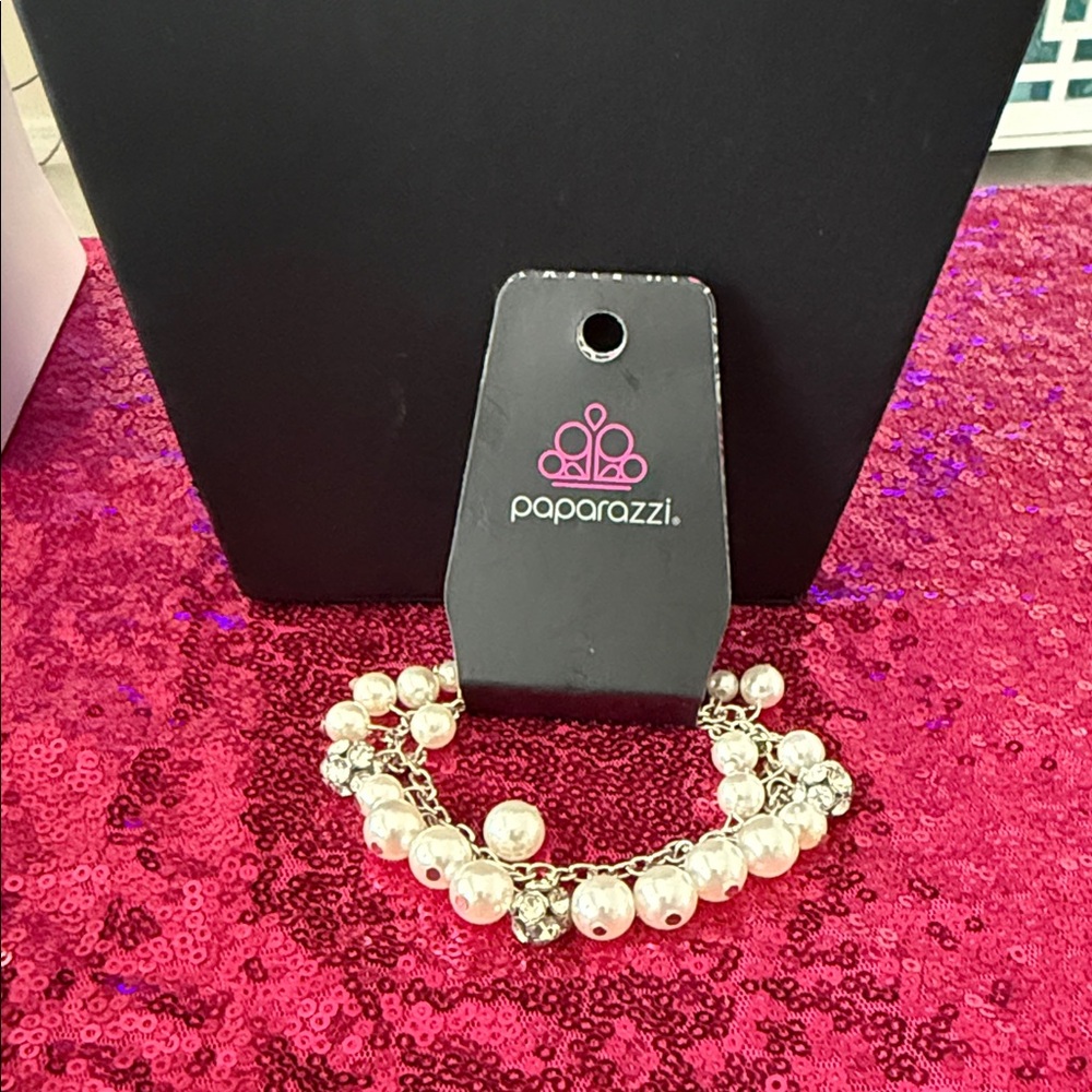 Paparazzi White Pearl and Silver Charm Bracelet